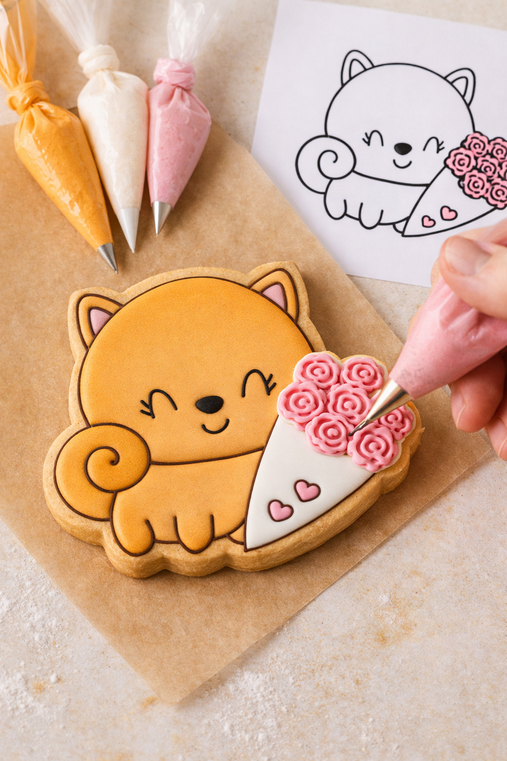 GATITO CON RAMO DE FLORES